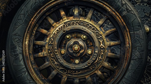 Rusty steampunk wheel with gold details for industrial or fantasy design