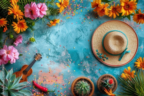 Overhead view of a summer setup with a straw hat, ukulele, flowers, cacti, and vibrant blue background