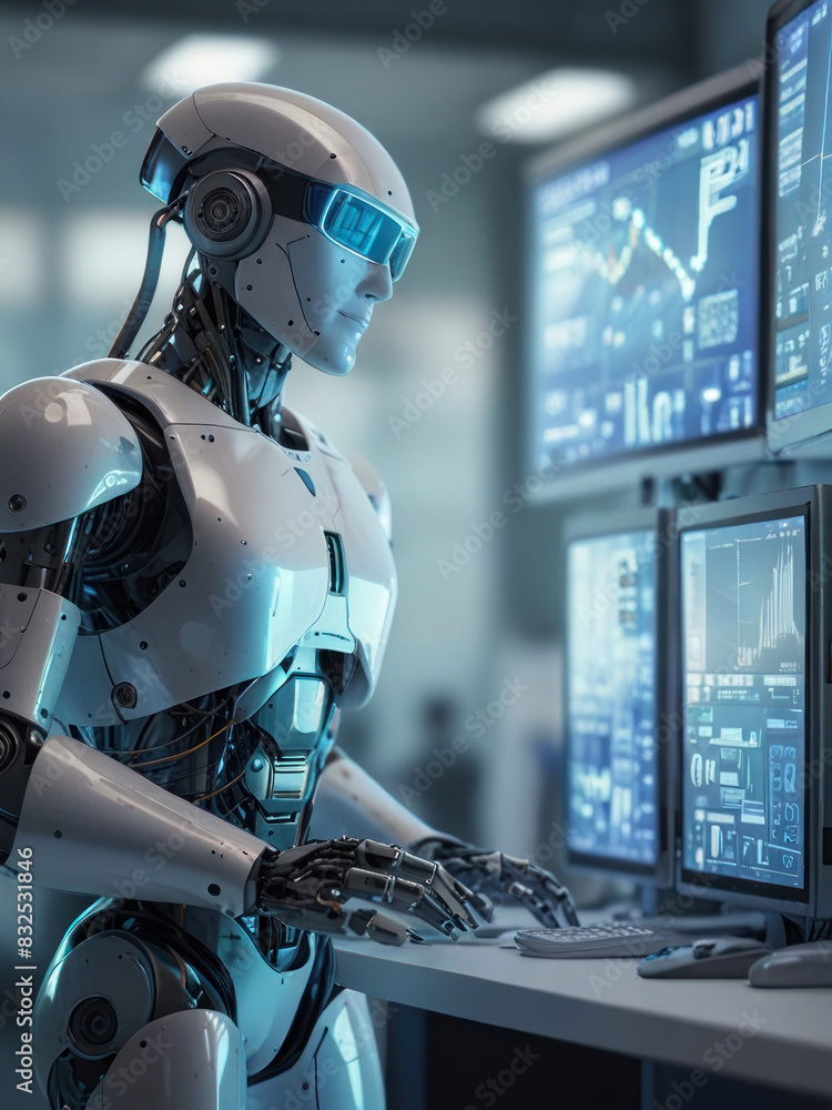 worker robot in front of transparent monitor screen with Generative AI Technology worker robot in front of transparent monitor screen with Generative AI Technology