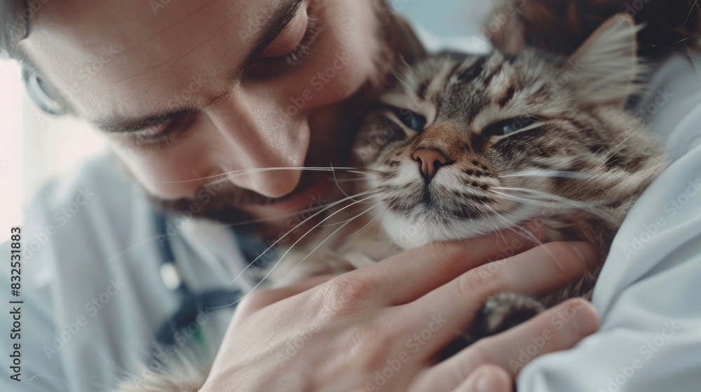 Smiling vet doctor with dog pet and fluffy cat Smiling vet doctor with dog pet and fluffy cat