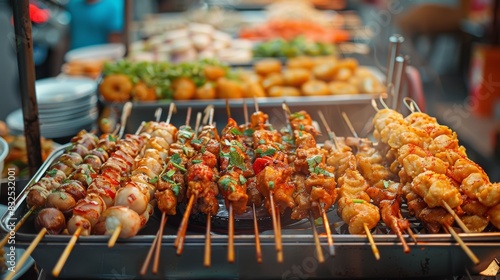 A variety of meat skewers grilling on a hot grill at a street food stall. The skewers are steaming and ready to eat. A delicious and popular street food.