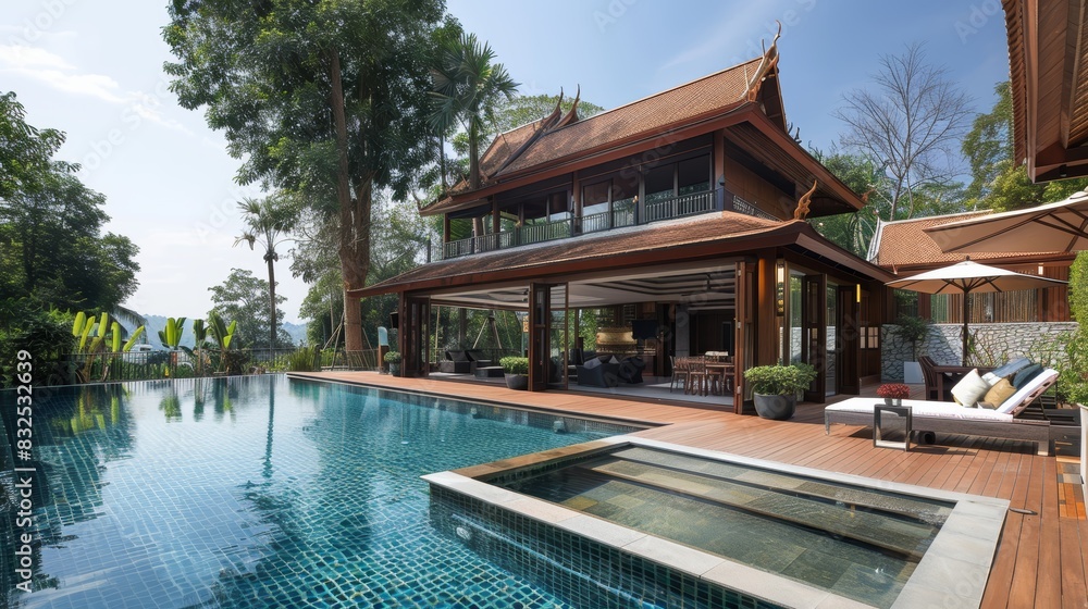 Luxury villa with private pool and jacuzzi, surrounded by lush tropical greenery. Luxury villa with private pool and jacuzzi, surrounded by lush tropical greenery.