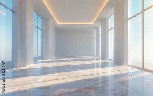 Modern empty office hallway with large windows and marble floors  bright and spacious.