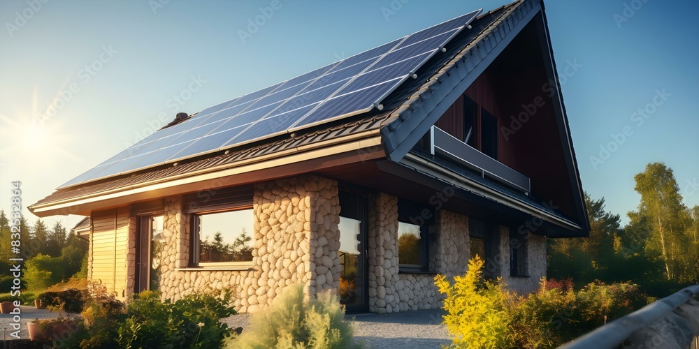Newly constructed house with solar panels against clear sky. Concept Solar Panels, Eco-Friendly Architecture, Clean Energy, Home Construction, Renewable Technology