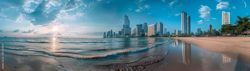 Fototapeta premium Sunrise over calm ocean with city skyline in the distance.