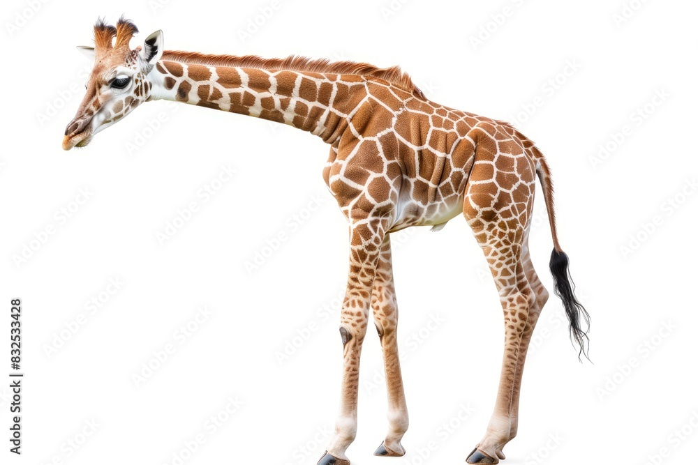 Obraz premium Adorable baby giraffe with long legs and neck isolated on white background