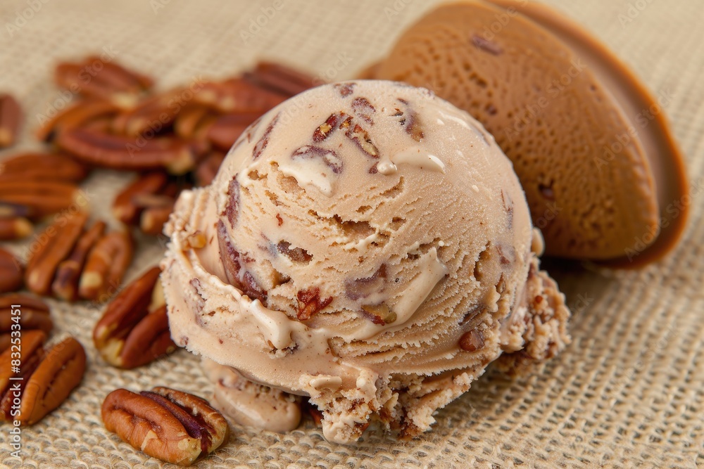 Butter pecan ice cream scoop with pecan pieces on a beige background Butter pecan ice cream scoop with pecan pieces on a beige background