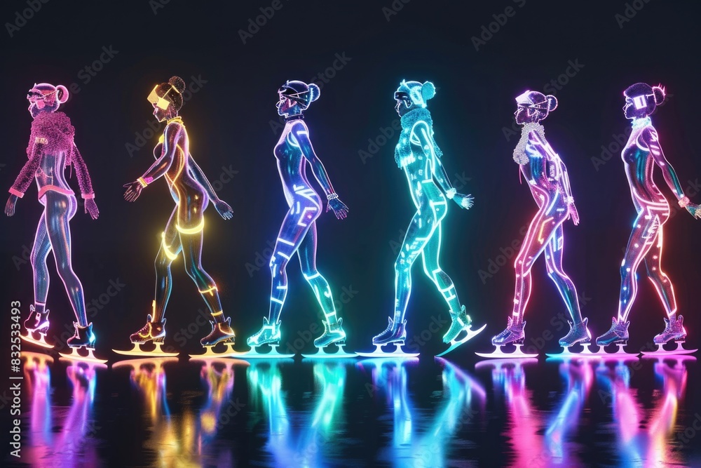 A group of people riding skateboards in a line. Perfect for sports and recreational concepts A group of people riding skateboards in a line. Perfect for sports and recreational concepts