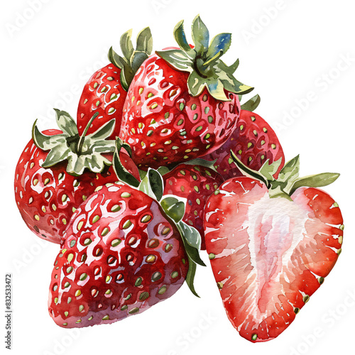 Beautiful watercolor clipart of strawberries with lifelike textures and natural colors, ideal for summer graphics isolated on white background photo