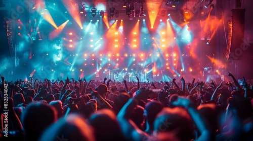 Energetic Crowd at Vibrant Music Festival Concert on Illuminated Stage photo