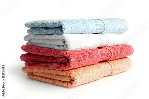 Neatly Stacked Fluffy Towels Isolated on White Background