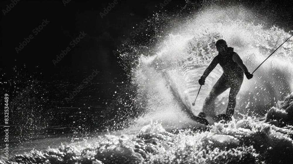 Obraz premium Man riding skis on top of a wave, perfect for sports and adventure concepts
