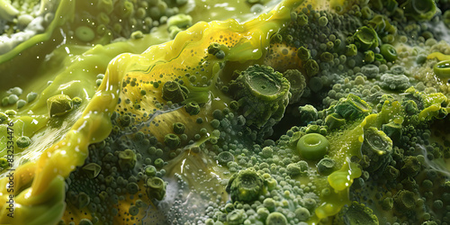 Sludgy Slime Infestation: Detailed microscopy of a sludgy and slimy surface, showcasing microbial slime layers and organic decay, colored in murky greens and slimy yellows