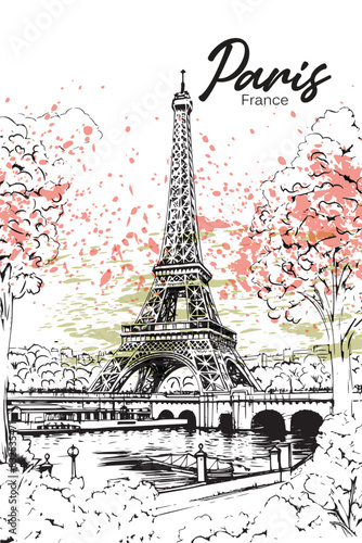 Vector illustration of Eiffel Tower and the river Seine, Paris, France, Europe. Freehand drawing. Sketchy lineart drawing with a pen on paper. Sketch in black color isolated on white background.