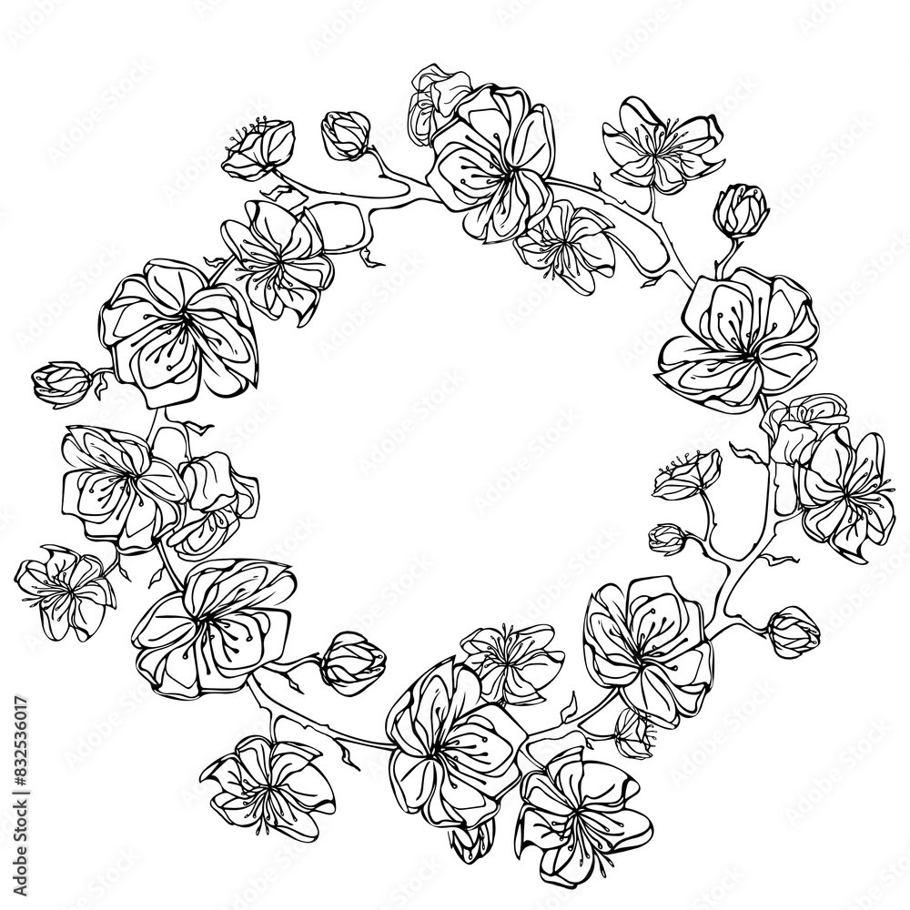 Fototapeta premium black and white frame of sakura flowers, floral illustration