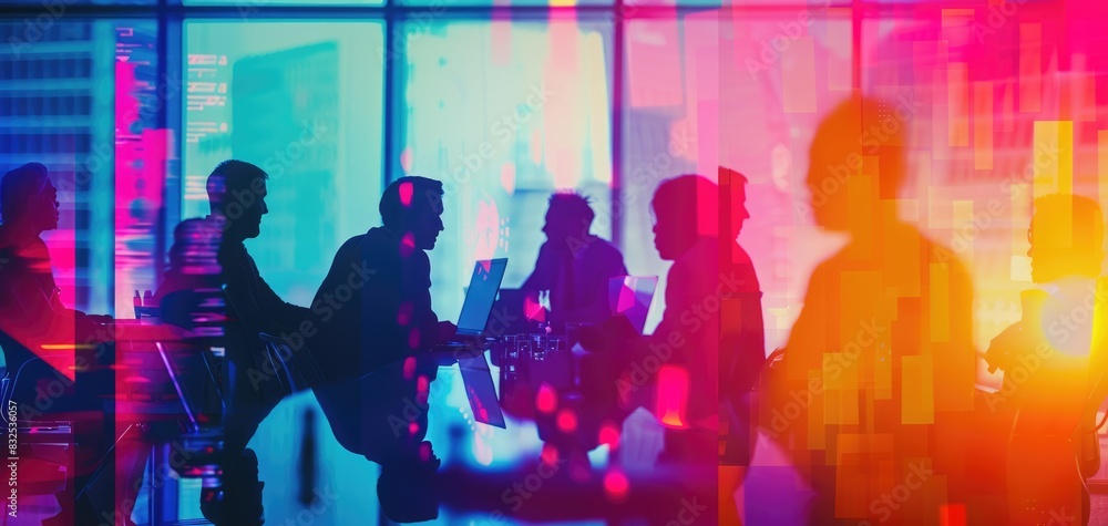 Heatmap of sales data with a diverse business team engaged in a meeting close up, market analysis, vibrant, overlay, coworking space backdrop Heatmap of sales data with a diverse business team engaged in a meeting close up, market analysis, vibrant, overlay, coworking space backdrop