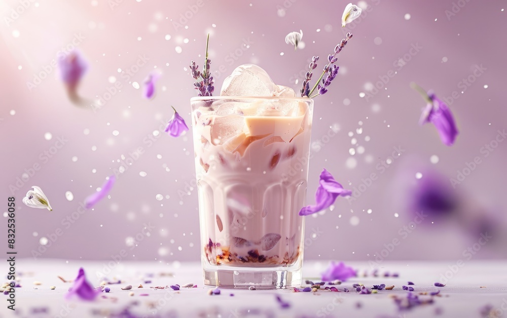 Iced lavender latte in a glass tumbler with ice and lavender petals floating selective focus, chilled delight, surreal, manipulation, modern cafe backdrop Iced lavender latte in a glass tumbler with ice and lavender petals floating selective focus, chilled delight, surreal, manipulation, modern cafe backdrop