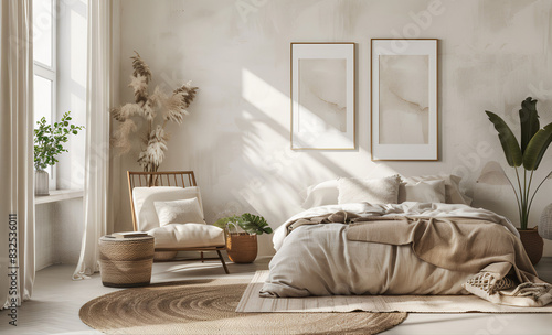 Um quarto boêmio com cama bege, poltrona e vasos de plantas perto da janela. Design de interiores minimalista de uma sala de estar moderna. Luz natural brilhante proveniente das janelas.