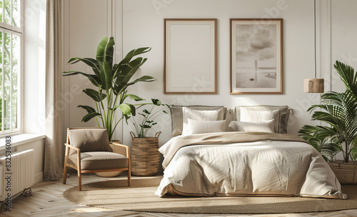Um quarto boêmio com cama bege, poltrona e vasos de plantas perto da janela. Design de interiores minimalista de uma sala de estar moderna. Luz natural brilhante proveniente das janelas.