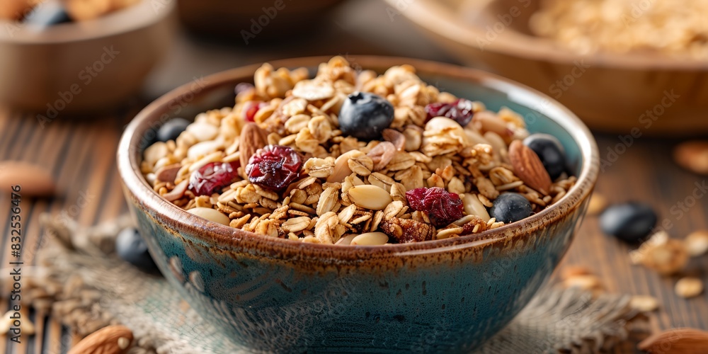 bowl of granola with blueberries and almonds on a table bowl of granola with blueberries and almonds on a table
