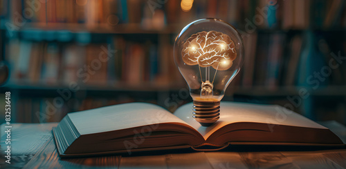 Lâmpada com cérebro brilhante dentro de livro aberto, conceito de educação e conhecimento photo