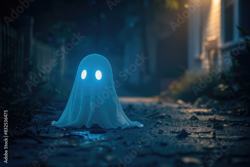 A ghost sitting on the ground. Suitable for spooky themed designs photo