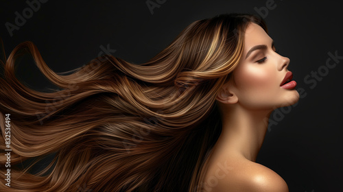 Photography elegant high-end hair care advertisement featuring a woman with flowing brown hair.  A beautiful woman with long flowing brown hair and highlighted makeup on a dark background.