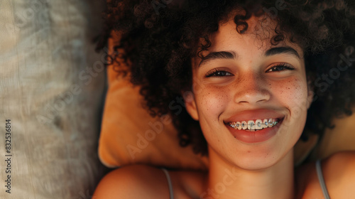 Close up of beautiful afro haired woman smiling with braces sitting on minimalist sofa, Ai generated Images