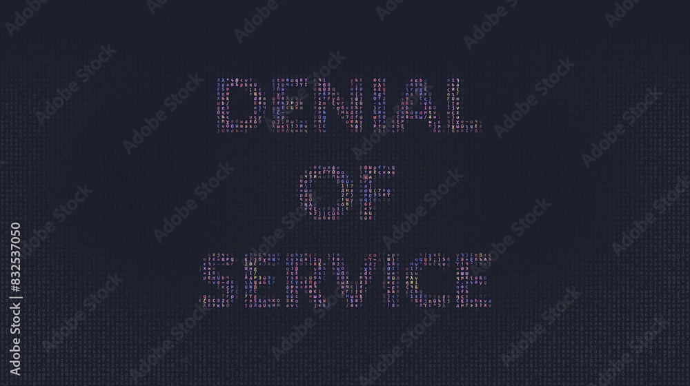 Cybersecurity concept denial of service on foreground screen, ASCII style in a code development editor. Vulnerability and attack on colored code editor. Text in English, English text