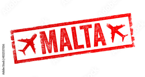 Malta - is an island country in Southern Europe, located in the Mediterranean Sea, text emblem stamp with airplane