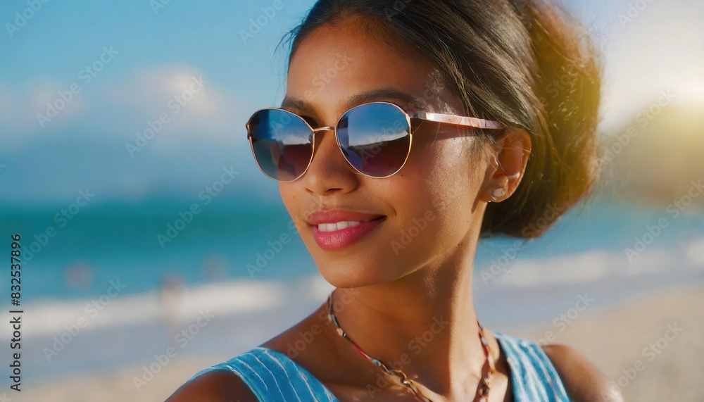 Closeup portrait of a beautiful woman in sunglasses on the beach Closeup portrait of a beautiful woman in sunglasses on the beach