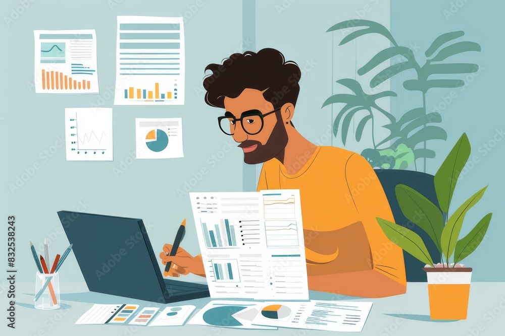 Vector illustration of a businessperson reviewing financial charts and data on a laptop in a modern workspace. Vector illustration of a businessperson reviewing financial charts and data on a laptop in a modern workspace.