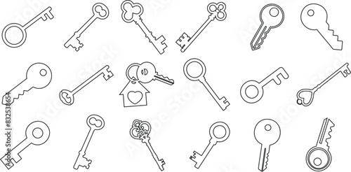 Key line illustrations, vintage keys vector icons, skeleton keys, simple design, antique keys, decorative elements