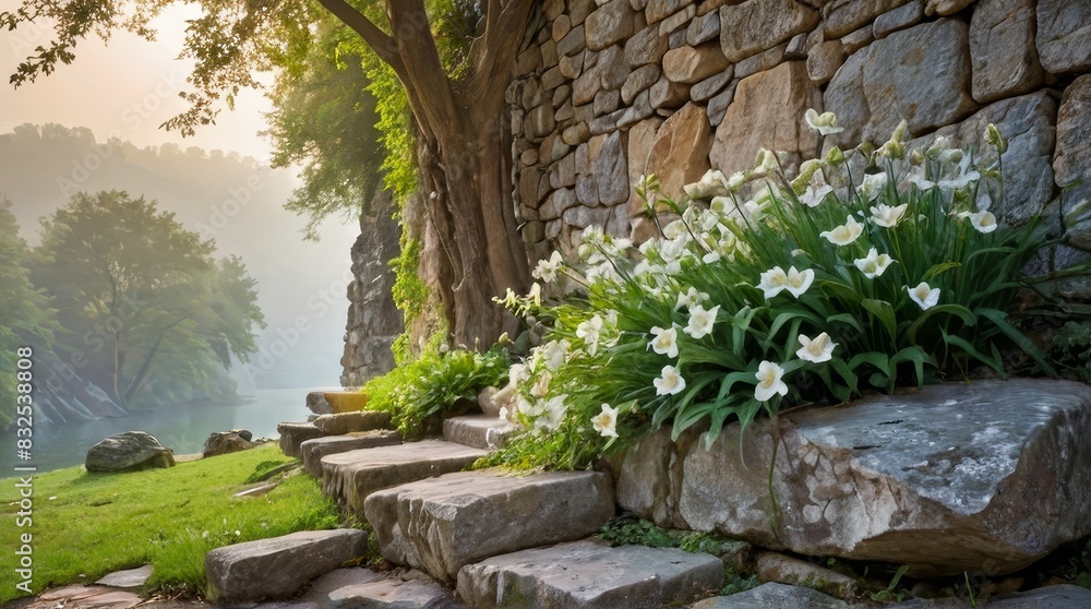 Stone Steps Leading to a Wall With White Flowers