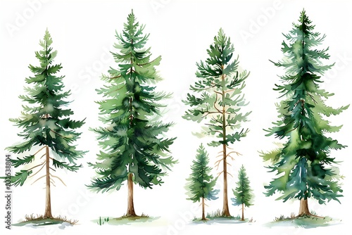 set of watercolor trees on a white background