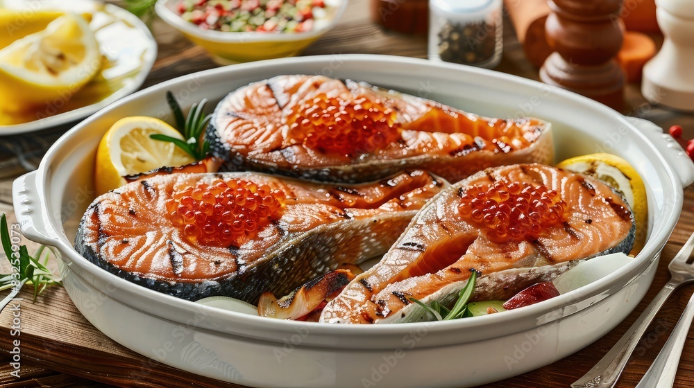 healthy fish cuisine : grilled pink salmon steaks with red caviar in white bowl lemon and vegetable salad dish with cutlery and pepper grinder over wooden table 1920x1080 intro motion slow hidef hd. healthy fish cuisine : grilled pink salmon steaks with red caviar in white bowl lemon and vegetable salad dish with cutlery and pepper grinder over wooden table 1920x1080 intro motion slow hidef hd.