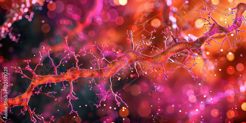 Coral Neurodegenerative Disease Pathology: Close-up microscopy of coral-colored animal neurons affected by neurodegenerative diseases, depicting cellular changes and degeneration