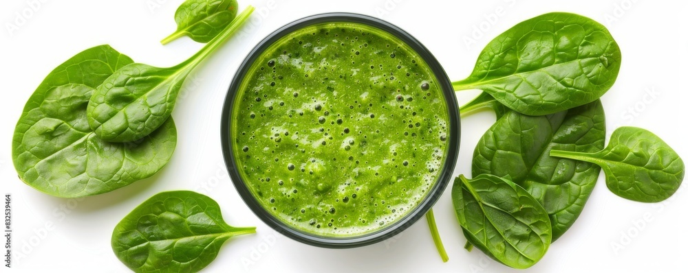 Obraz premium White background with a green smoothie and fresh spinach, top view