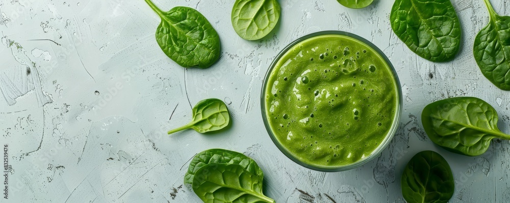 Top view of a green smoothie and spinach leaves on a white background Top view of a green smoothie and spinach leaves on a white background