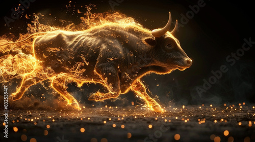 Animal illustration, Bull runs on fire. Business concept for bullfighting in Spain. Unusual image. Dark background on fire.