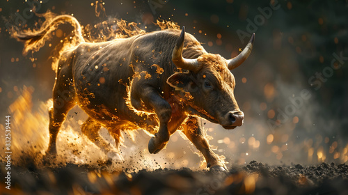 Animal illustration, Bull runs on fire. Business concept for bullfighting in Spain. Unusual image. Dark background on fire.