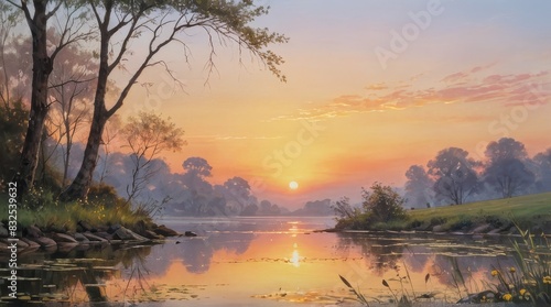 Peaceful Sunset Over a River © Narongsag