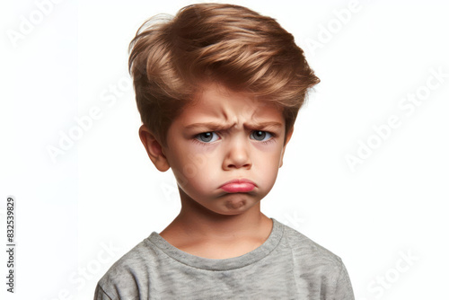 Little Boy with a disgusted expression frown Isolated on white background photo