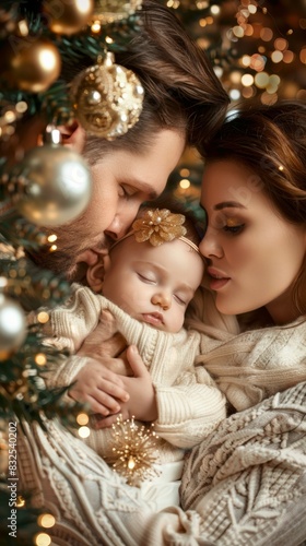 Warmly Lit Nursery Scene  Parents Tenderly Kissing Newborn Baby on the Forehead Amid Festive Decorations