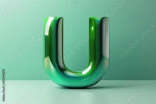 A small, shiny green letter 'u' on a plain surface photo