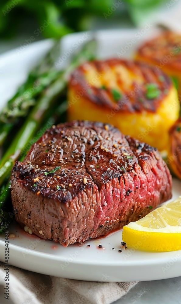 Beef steak with garlic butter, creamy polenta, and fresh asparagus on a white plate for elegant dining Beef steak with garlic butter, creamy polenta, and fresh asparagus on a white plate for elegant dining