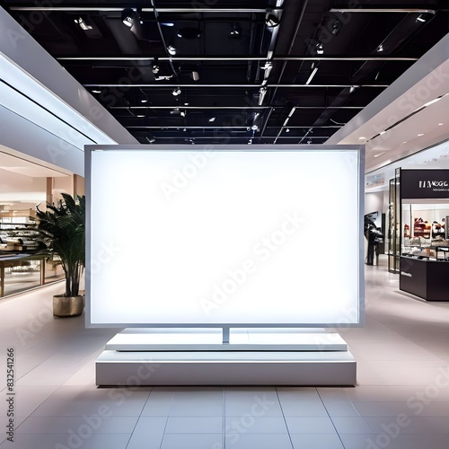 White Rectangular Signboard Mockup Inside Shopping Mall Store, Blank Advertising Display, Indoor Commercial Space  
