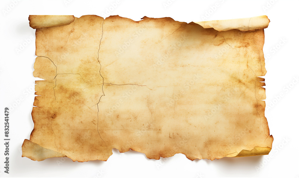 A piece of blank paper with rough edges, slightly worn and yellowed, is set against an isolated white background.