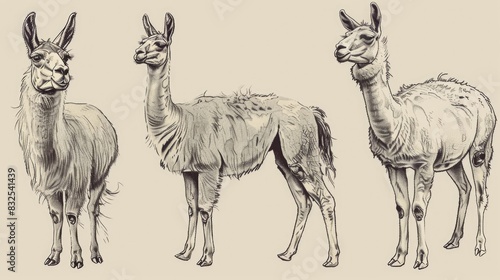 A group of llamas posing side by side, potentially used in agricultural or zoo-related contexts photo