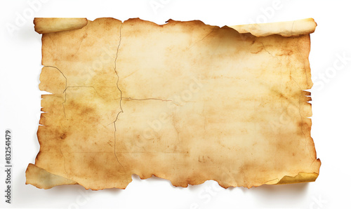 A piece of blank paper with rough edges, slightly worn and yellowed, is set against an isolated white background.